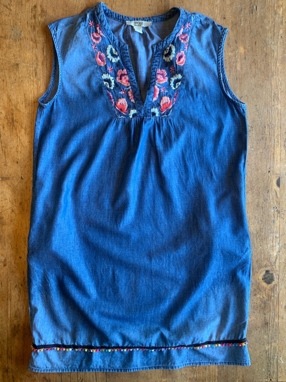 Vintage America Blue Sleeveless Embroidered Chambray Dress
